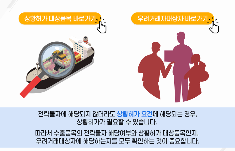 전략물자에 해당되지 않더라도 상황허가 요건에 해당되는 경우, 상황허가가 필요할 수 있습니다. 따라서 수출품목의 전략물자 해당여부와 상황허가 대상품목인지 우려거래대상자에 해당하는지를 모두 확인하는 것이 중요합니다.
