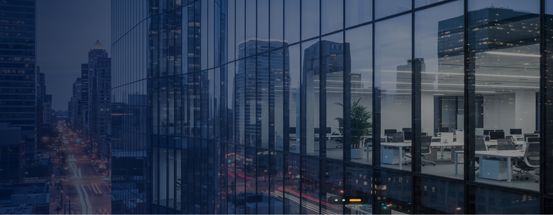 City skyline reflected in an office building glass facade